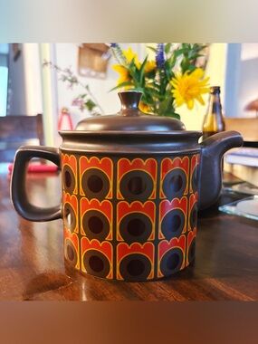 Vintage Arthur Wood Ceramic Teapot - Brown with Orange & Yellow Motif
